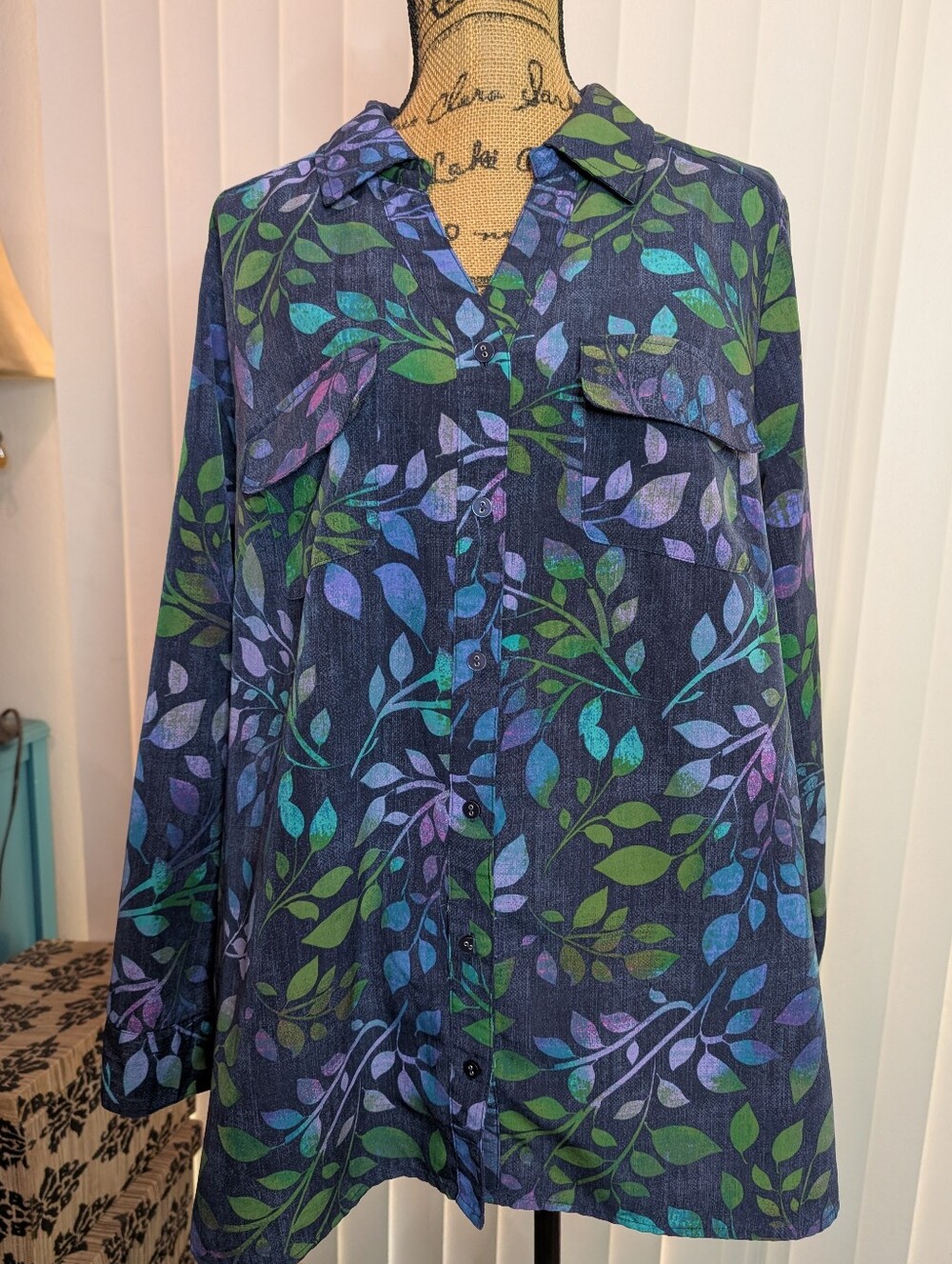Denim & Co Button Down Blouse Navy with Foliage Design